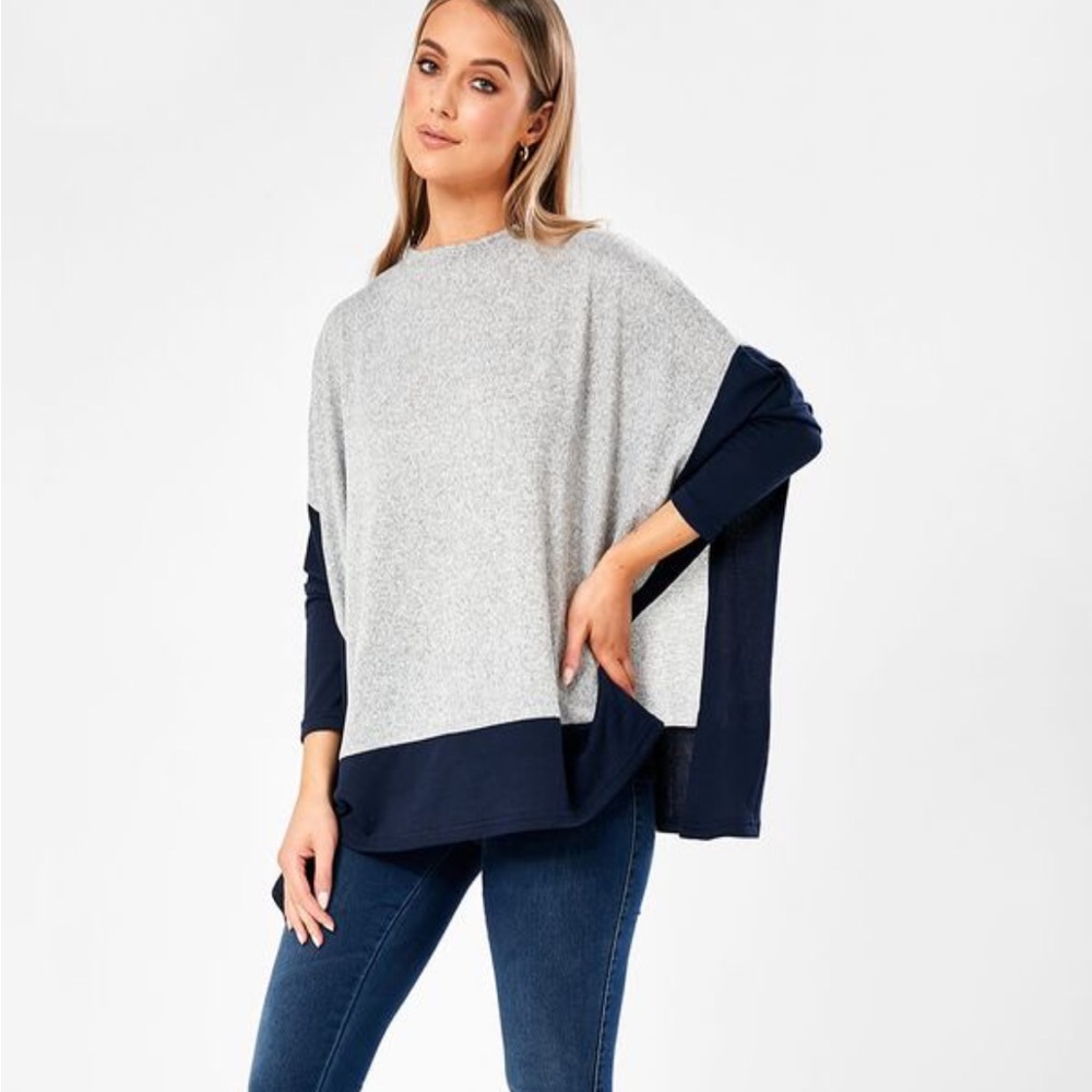 Papillon Blue /Grey Contrast Knit Tunic, NWT